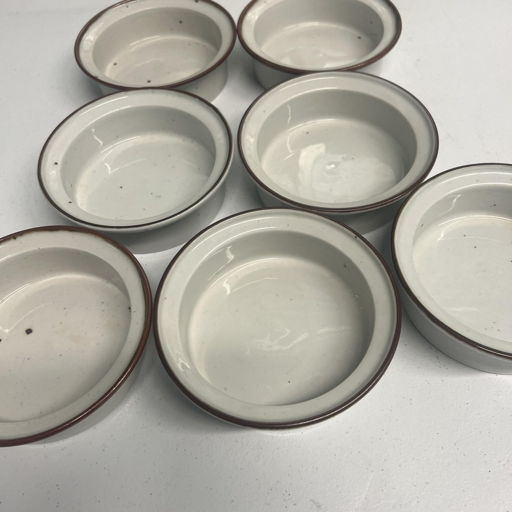 Dansk White Stoneware Ramekin Bowls Brown Rim Set Of 7 Round Microwave Safe